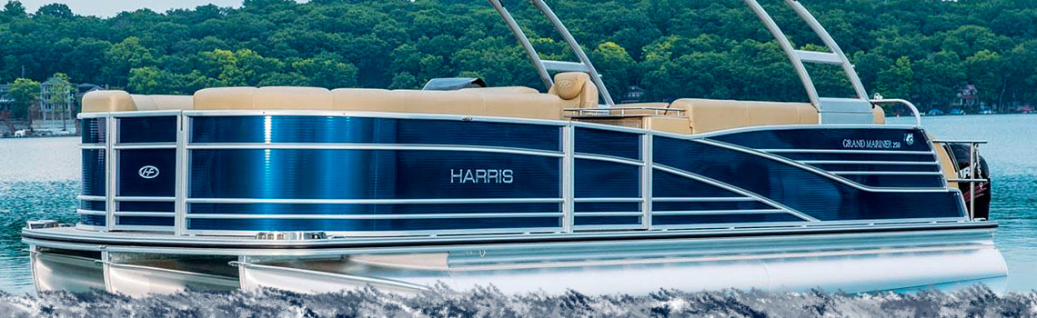 Harris pontoon floating on a body of water.